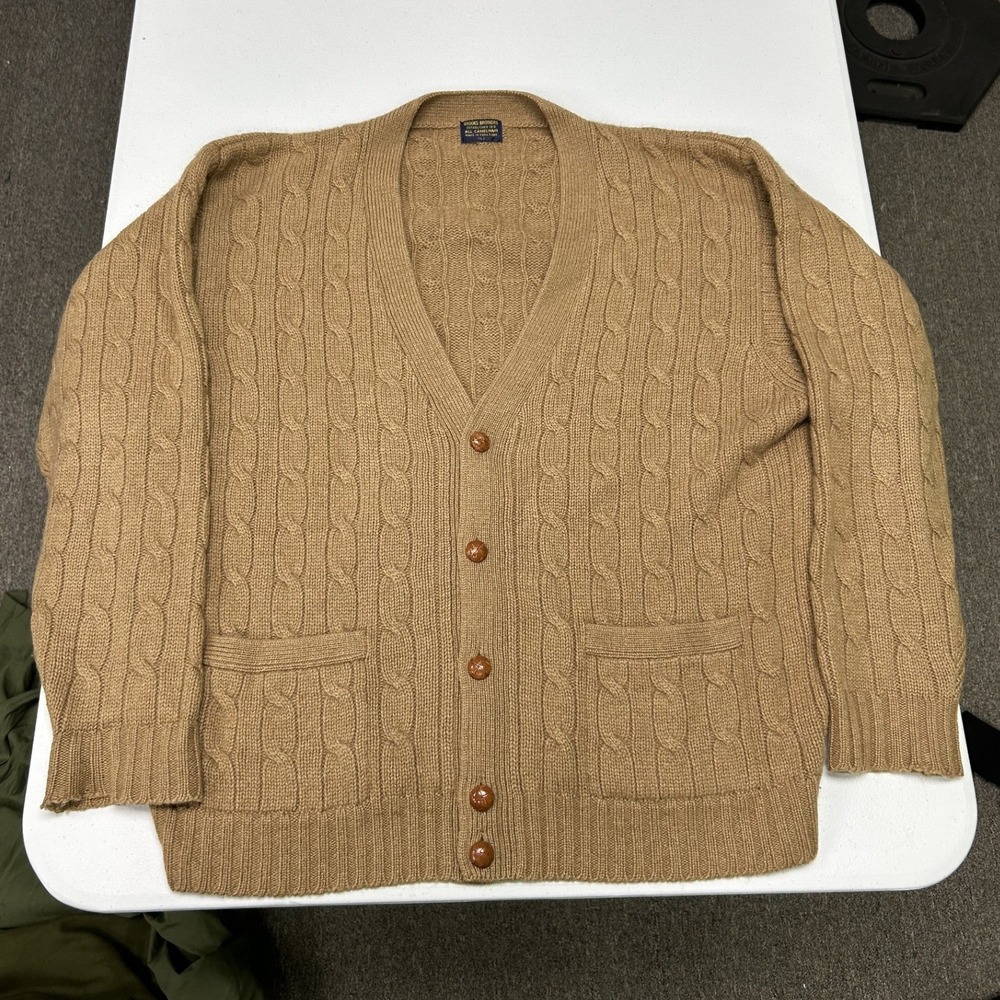 Brooks Brothers Cardigan Sweater Mens L Tan All Camel Hair Cable Knit Vintage